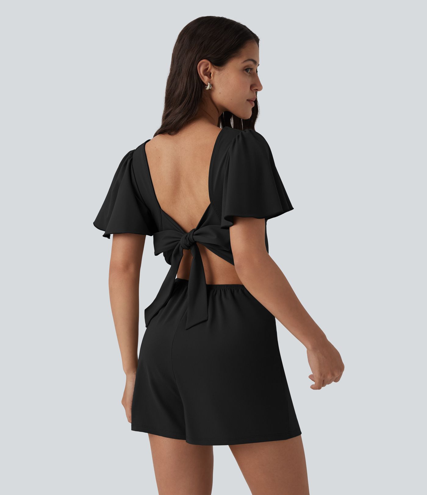 SoftlyZero™ Airy Flounce Short Sleeve Tie Back Cool Touch Casual Romper with Pockets-Easy Peezy Edition
