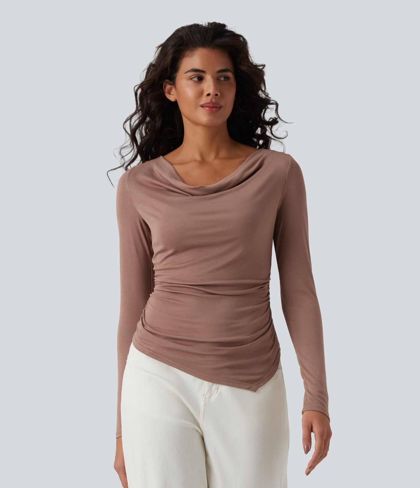 Ribbed Halter Off Shoulder Long Sleeve Ruched Asymmetric Hem Casual Top