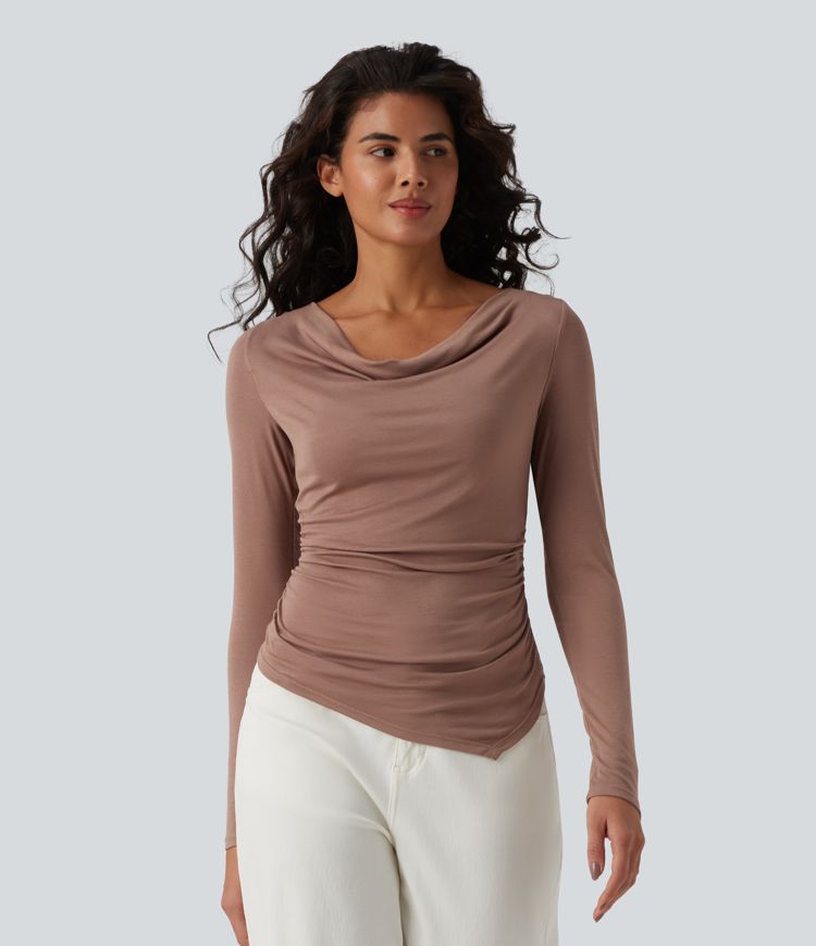 Ribbed Halter Off Shoulder Long Sleeve Ruched Asymmetric Hem Casual Top