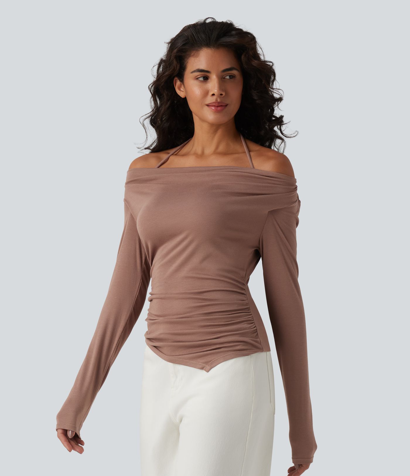 Ribbed Halter Off Shoulder Long Sleeve Ruched Asymmetric Hem Casual Top