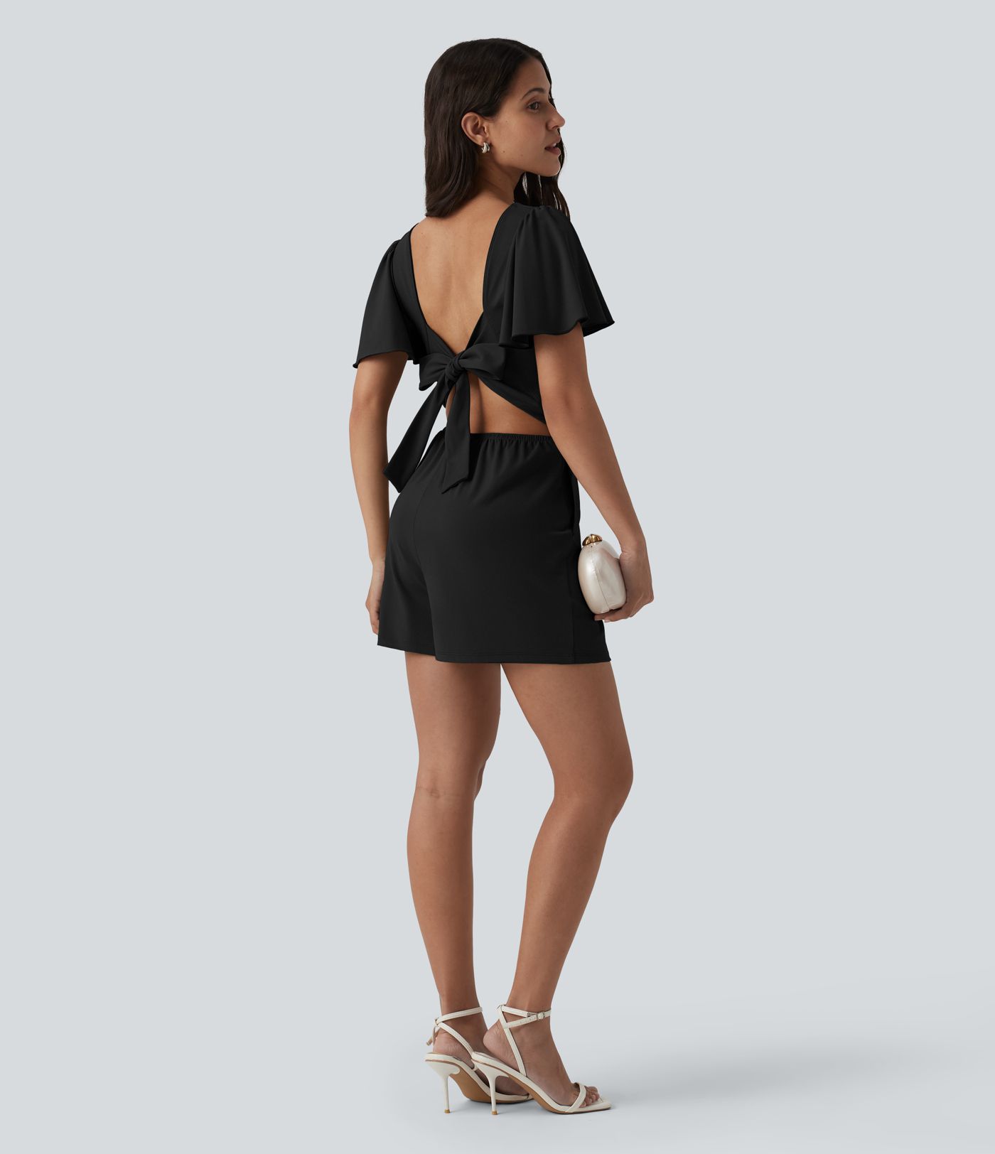 SoftlyZero™ Airy Flounce Short Sleeve Tie Back Cool Touch Casual Romper with Pockets-Easy Peezy Edition