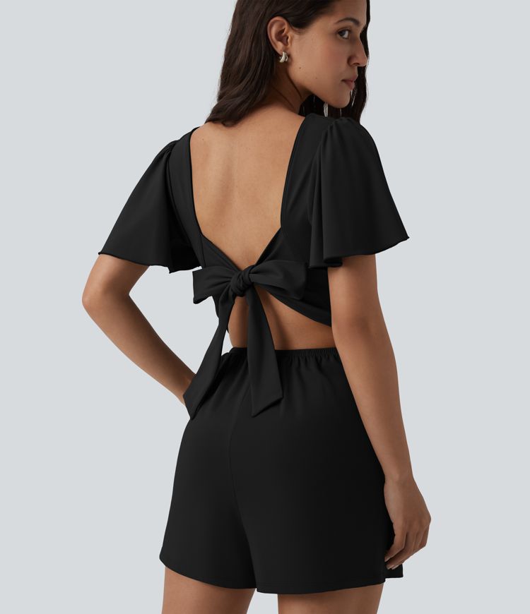 SoftlyZero™ Airy Flounce Short Sleeve Tie Back Cool Touch Casual Romper with Pockets-Easy Peezy Edition