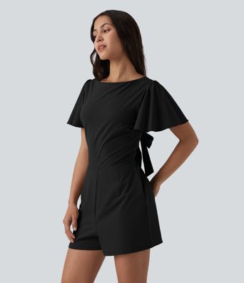 SoftlyZero™ Airy Flounce Short Sleeve Tie Back Cool Touch Casual Romper with Pockets-Easy Peezy Edition
