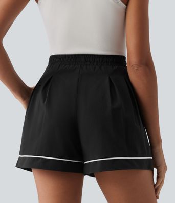 High Waisted Drawstring Pleated Quick Dry Crinkle Resort Baggy Shorts with Pockets