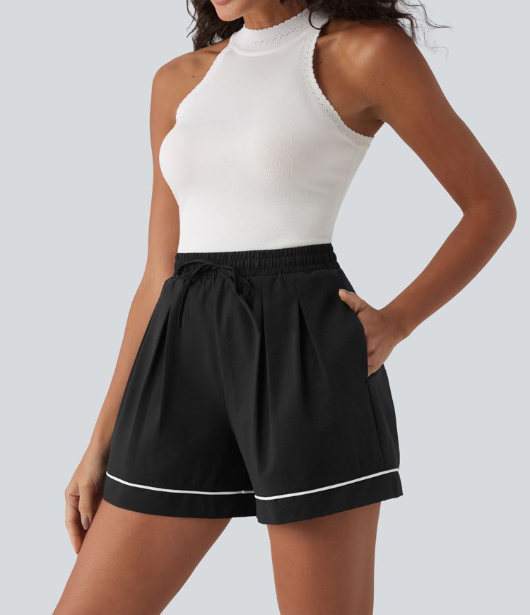 High Waisted Drawstring Pleated Quick Dry Crinkle Resort Baggy Shorts with Pockets