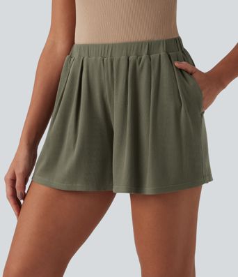 Ribbed Knit Mid Rise Casual Baggy Shorts with Pockets