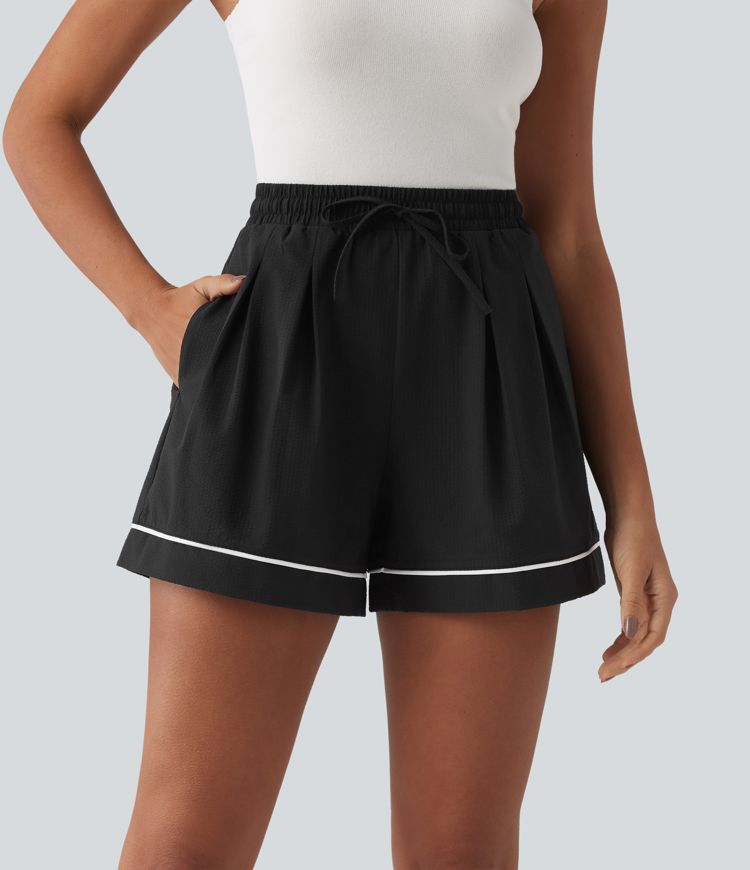 High Waisted Drawstring Pleated Quick Dry Crinkle Resort Baggy Shorts with Pockets