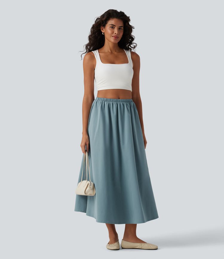 Mid Rise Midi Stretchy Poplin Casual A-line Skirt with Pockets