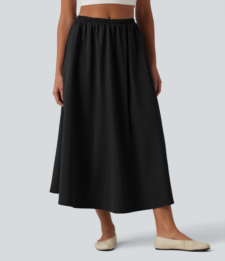 Mid Rise Midi Stretchy Poplin Casual A-line Skirt with Pockets