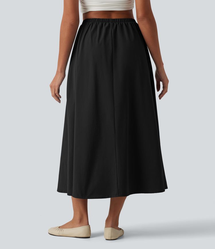 Mid Rise Midi Stretchy Poplin Casual A-line Skirt with Pockets