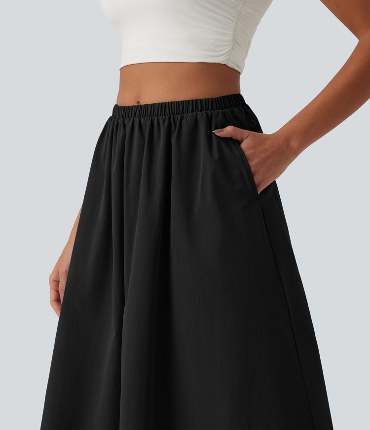 Mid Rise Midi Stretchy Poplin Casual A-line Skirt with Pockets