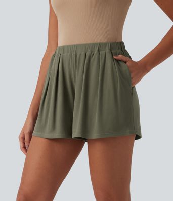Ribbed Knit Mid Rise Casual Baggy Shorts with Pockets