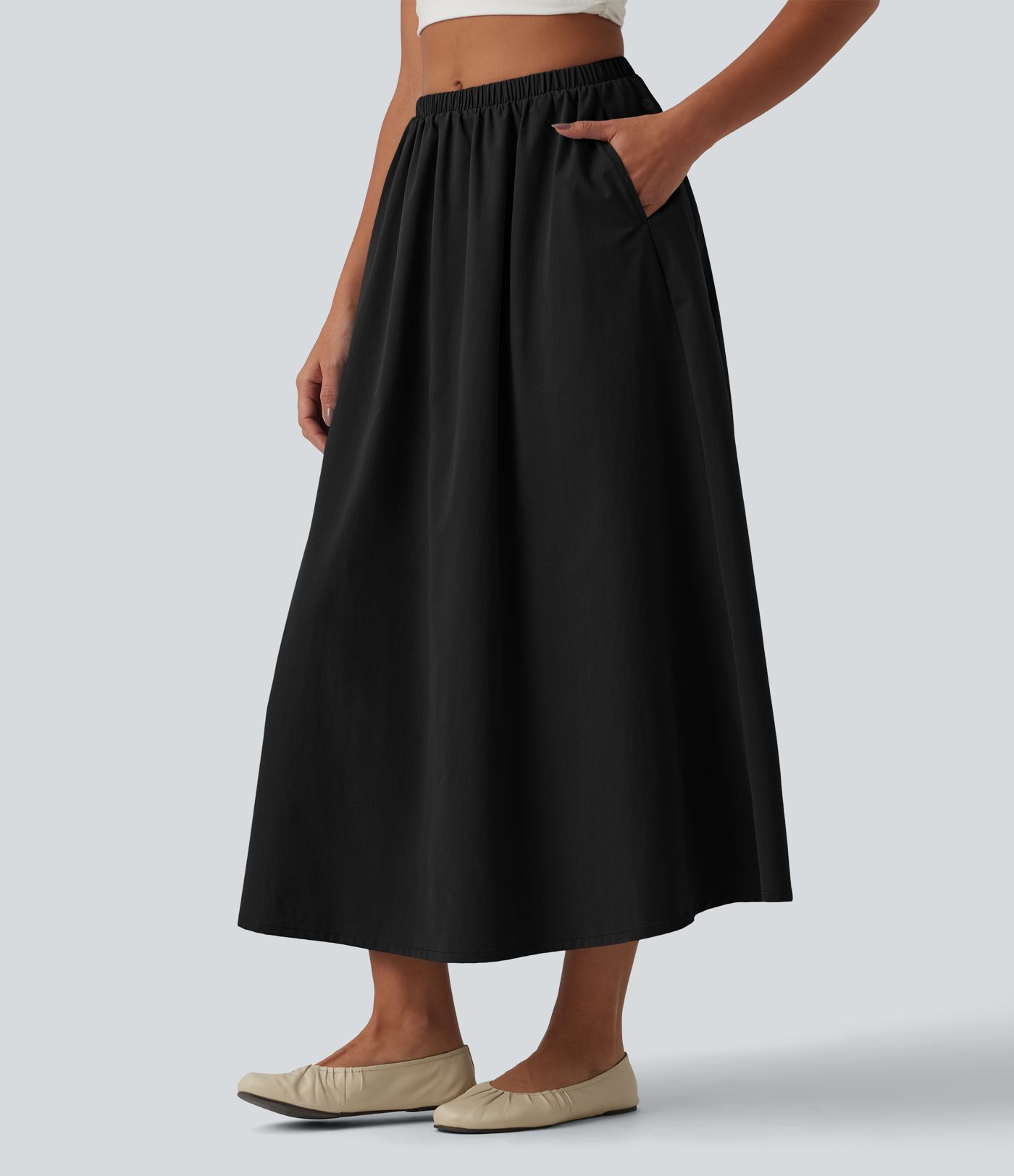 Mid Rise Midi Stretchy Poplin Casual A-line Skirt with Pockets