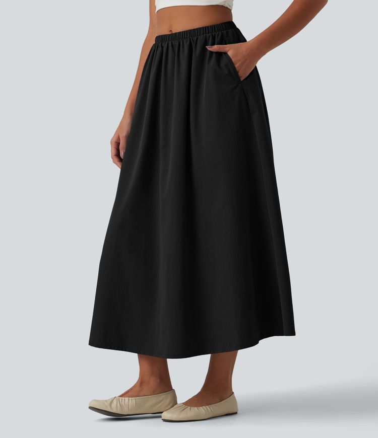 Mid Rise Midi Stretchy Poplin Casual A-line Skirt with Pockets