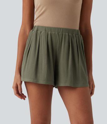 Ribbed Knit Mid Rise Casual Baggy Shorts with Pockets