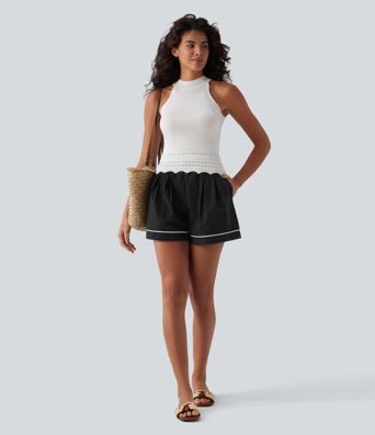 High Waisted Drawstring Pleated Quick Dry Crinkle Resort Baggy Shorts with Pockets