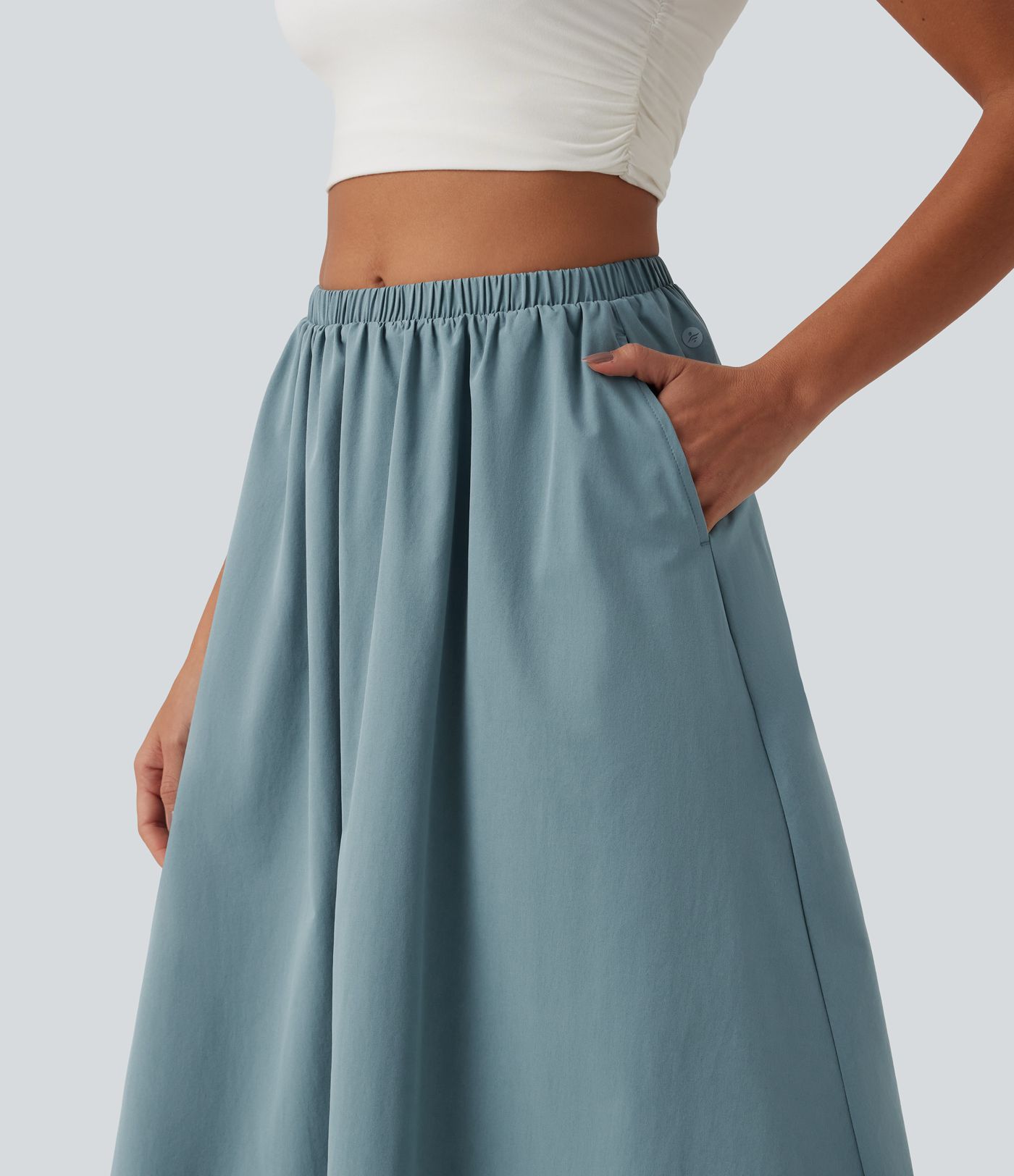 Mid Rise Midi Stretchy Poplin Casual A-line Skirt with Pockets