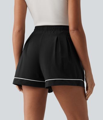 High Waisted Drawstring Pleated Quick Dry Crinkle Resort Baggy Shorts with Pockets