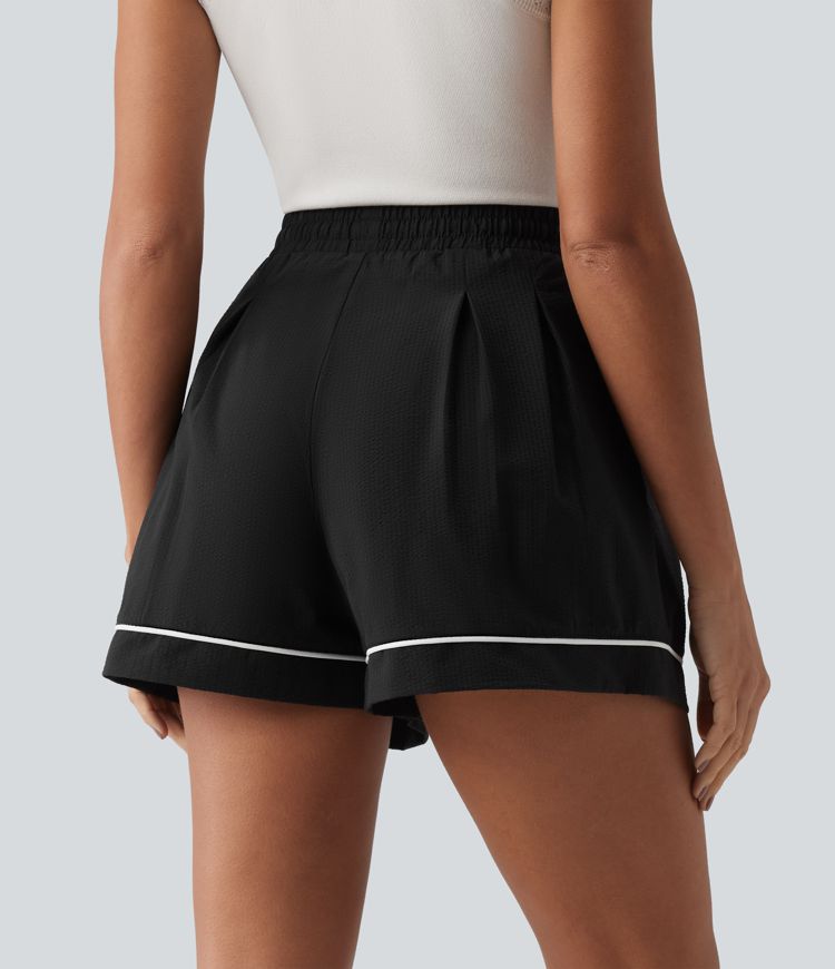 High Waisted Drawstring Pleated Quick Dry Crinkle Resort Baggy Shorts with Pockets