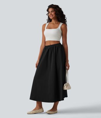 Mid Rise Midi Stretchy Poplin Casual A-line Skirt with Pockets