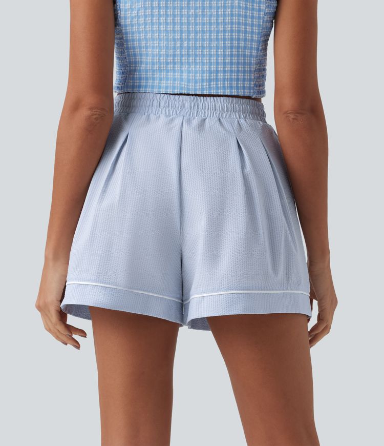 High Waisted Drawstring Pleated Quick Dry Crinkle Resort Baggy Shorts with Pockets