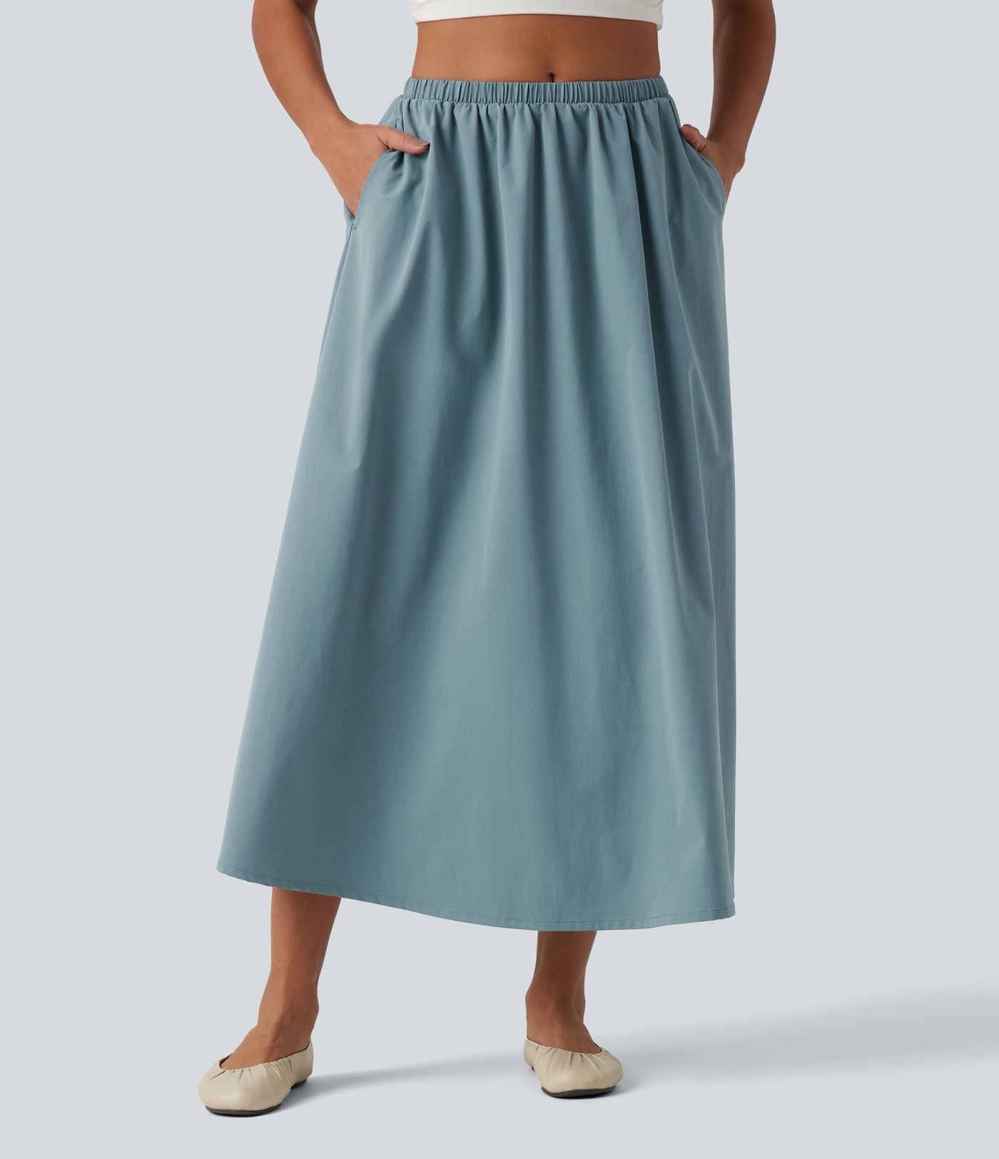 Mid Rise Midi Stretchy Poplin Casual A-line Skirt with Pockets