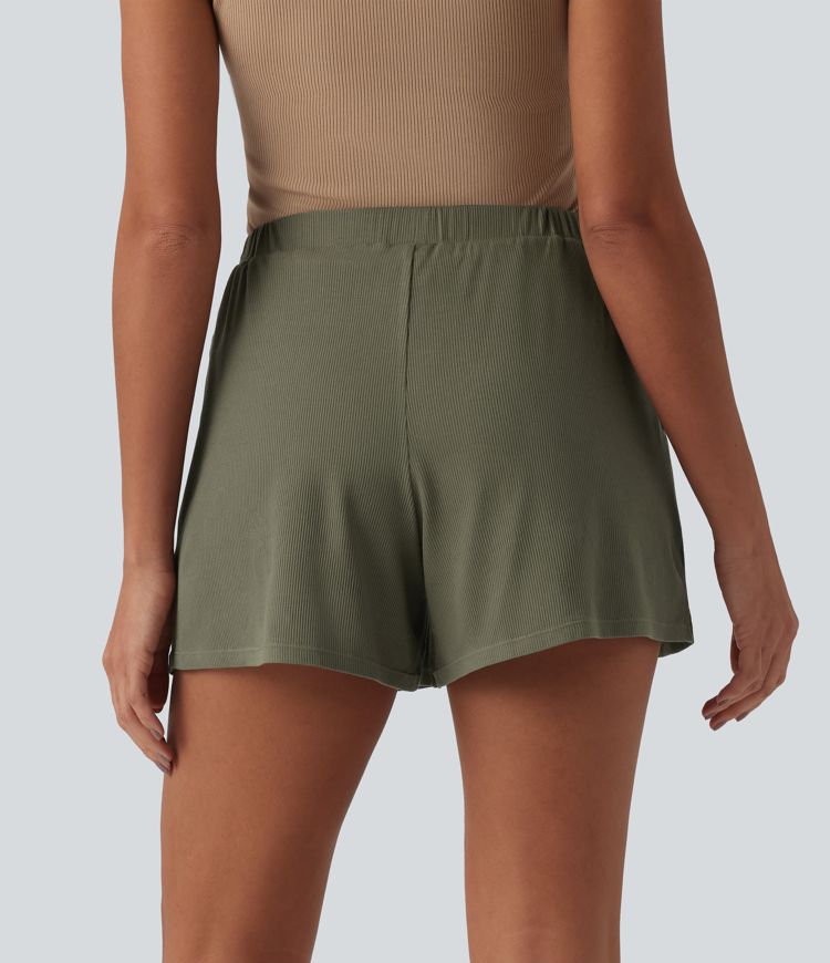 Ribbed Knit Mid Rise Casual Baggy Shorts with Pockets