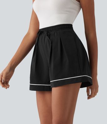 High Waisted Drawstring Pleated Quick Dry Crinkle Resort Baggy Shorts with Pockets