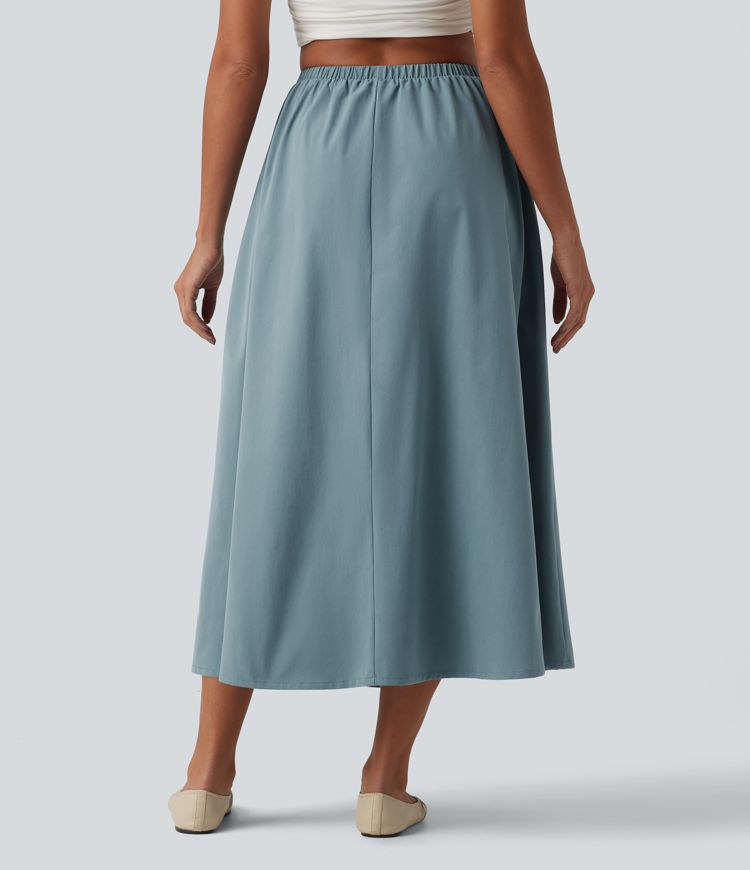 Mid Rise Midi Stretchy Poplin Casual A-line Skirt with Pockets