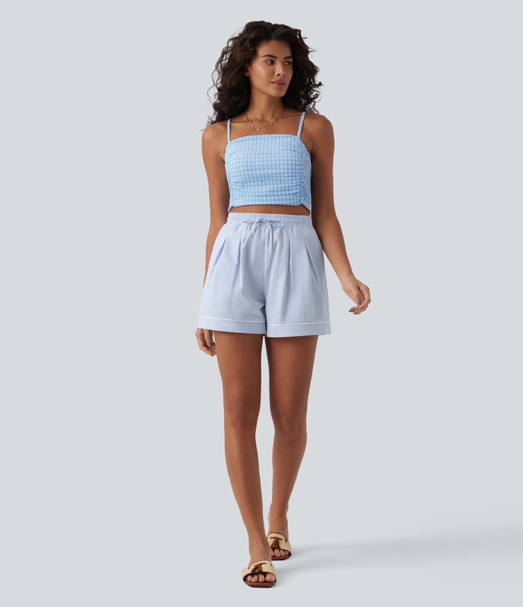High Waisted Drawstring Pleated Quick Dry Crinkle Resort Baggy Shorts with Pockets