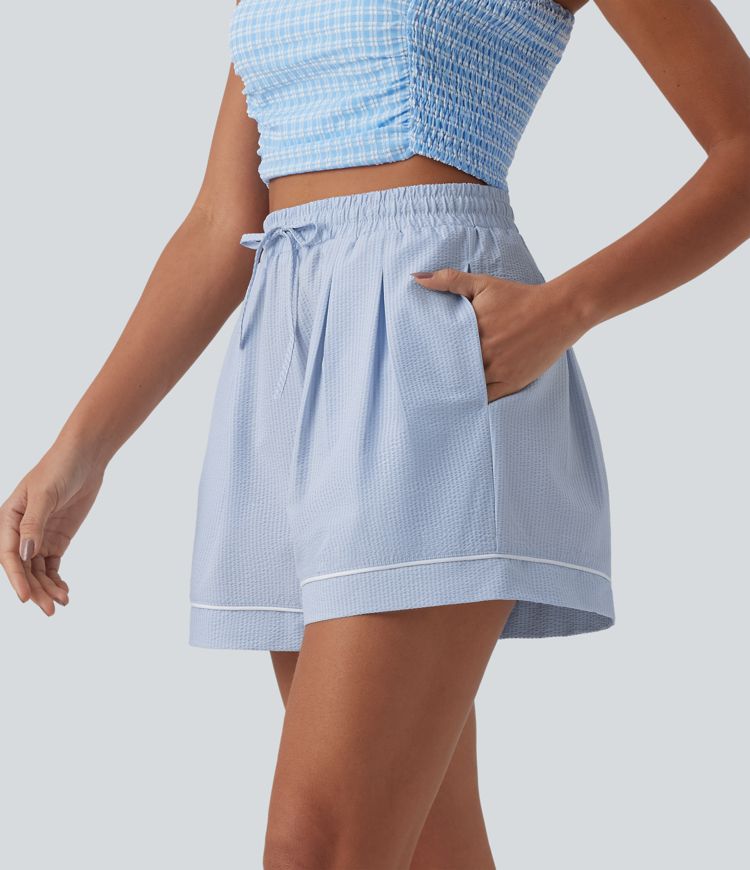 High Waisted Drawstring Pleated Quick Dry Crinkle Resort Baggy Shorts with Pockets