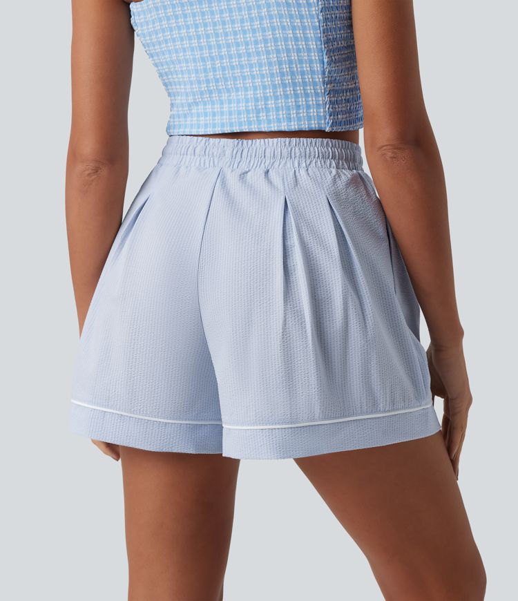High Waisted Drawstring Pleated Quick Dry Crinkle Resort Baggy Shorts with Pockets