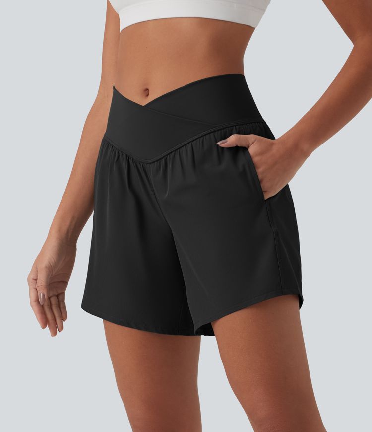 Breezeful™ jógové šortky s vysokým pasem (crossover), 2v1, rychleschnoucí, délka 5'' s kapsami