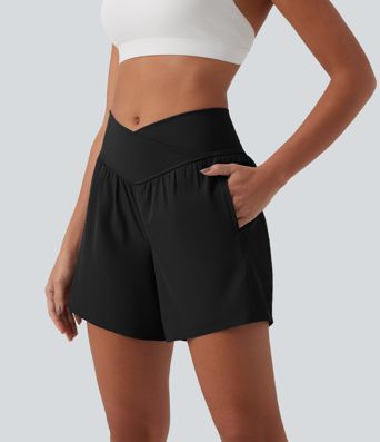 Breezeful™ jógové šortky s vysokým pasem (crossover), 2v1, rychleschnoucí, délka 5'' s kapsami