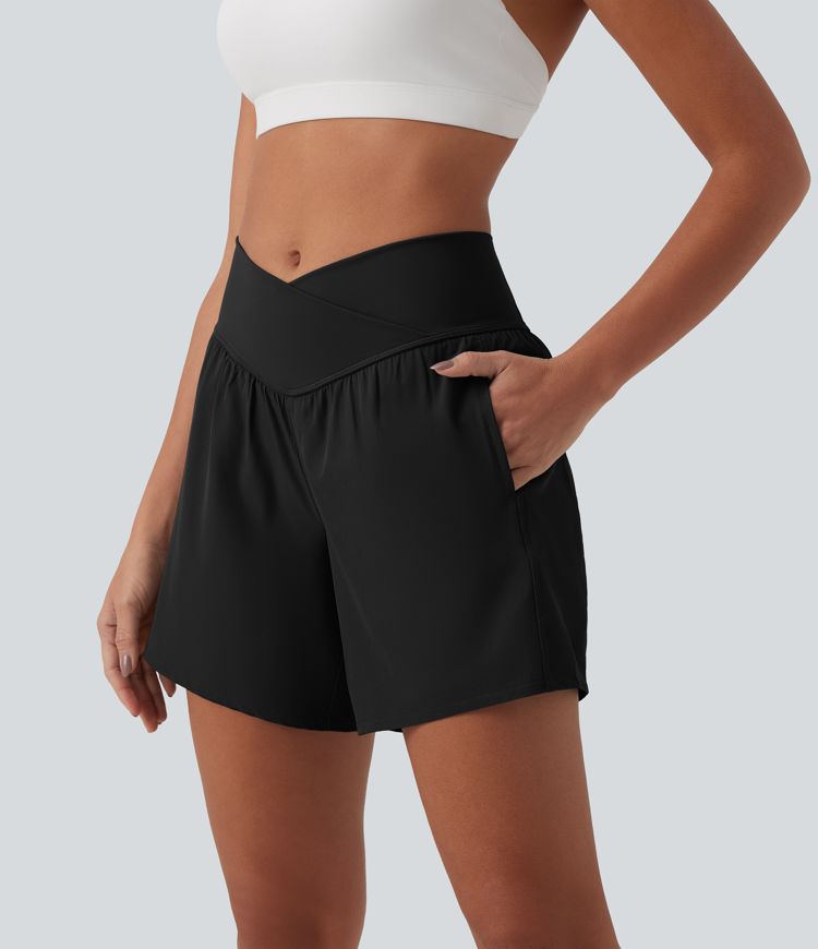 Breezeful™ jógové šortky s vysokým pasem (crossover), 2v1, rychleschnoucí, délka 5'' s kapsami