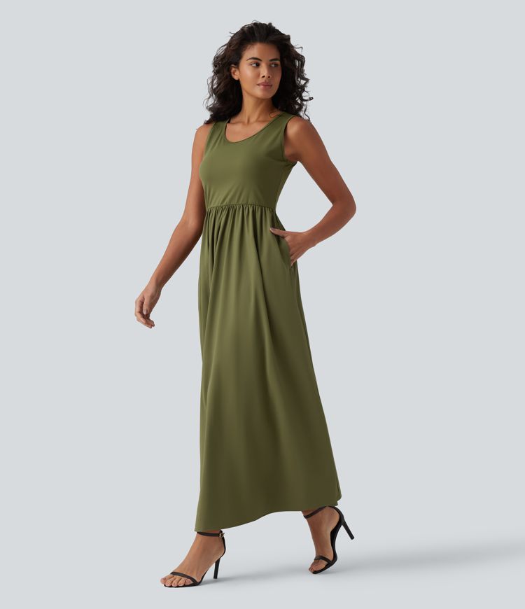 U Neck Sleeveless Flowy Maxi Casual Dress with Pockets