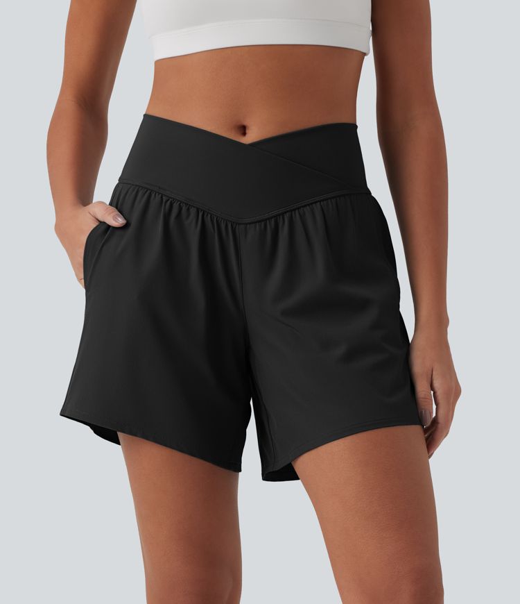 Breezeful™ jógové šortky s vysokým pasem (crossover), 2v1, rychleschnoucí, délka 5'' s kapsami