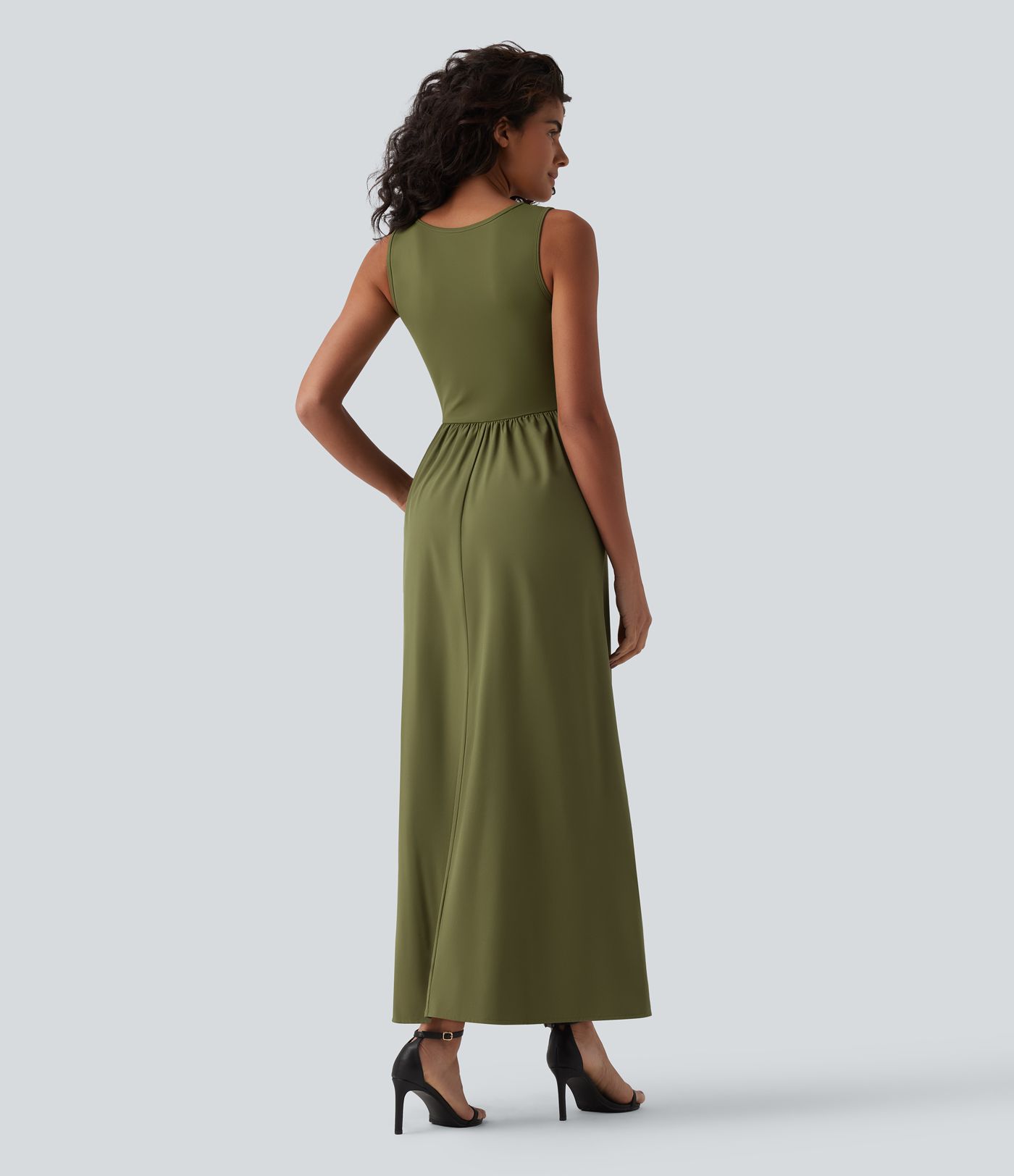 U Neck Sleeveless Flowy Maxi Casual Dress with Pockets
