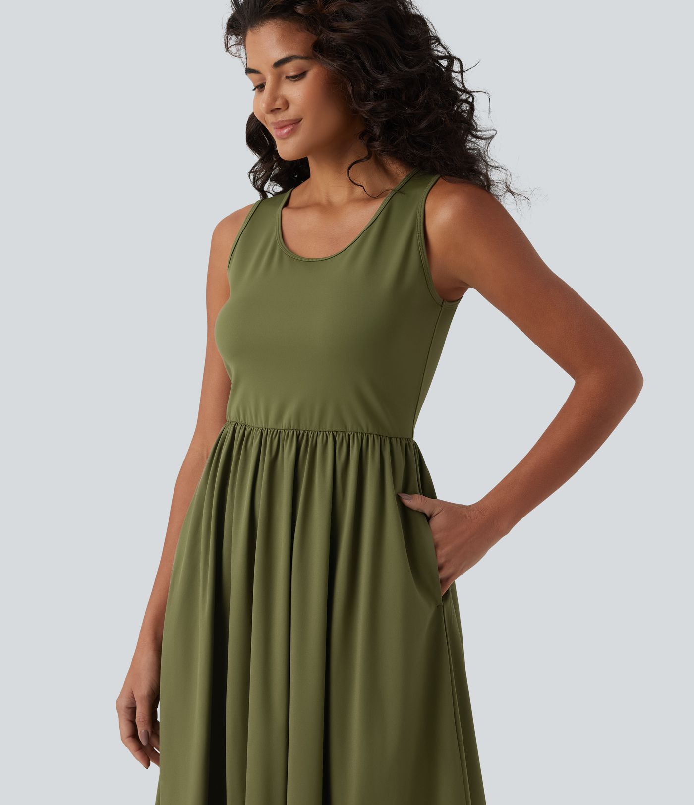 U Neck Sleeveless Flowy Maxi Casual Dress with Pockets