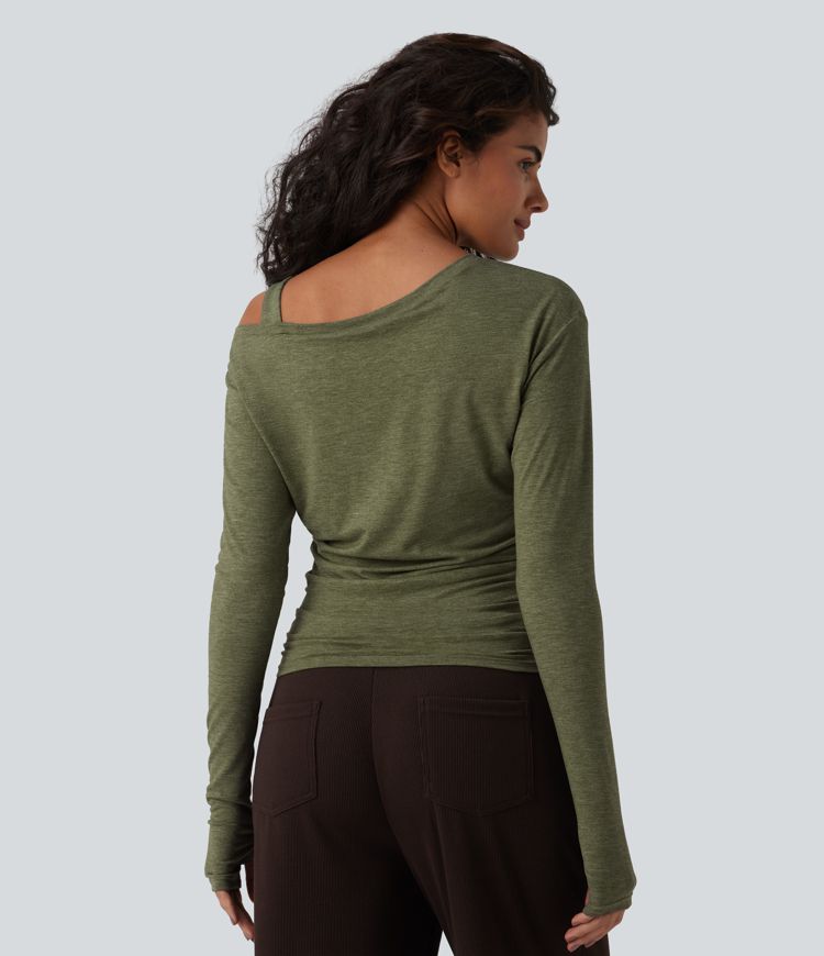 One-Shoulder Long Sleeve Ruched Built-in Bra Casual Heathered Top