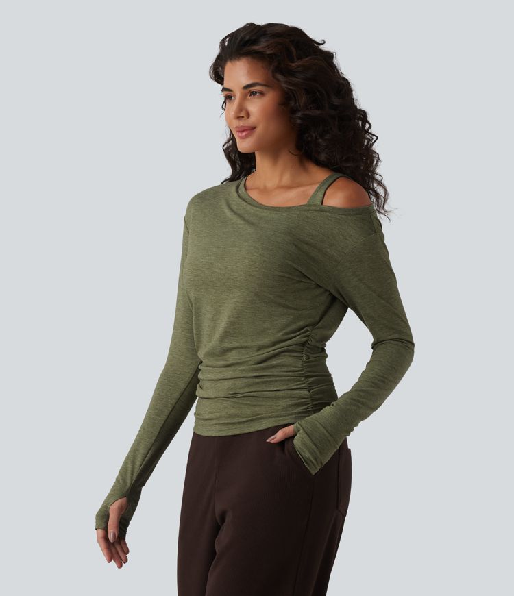 One-Shoulder Long Sleeve Ruched Built-in Bra Casual Heathered Top