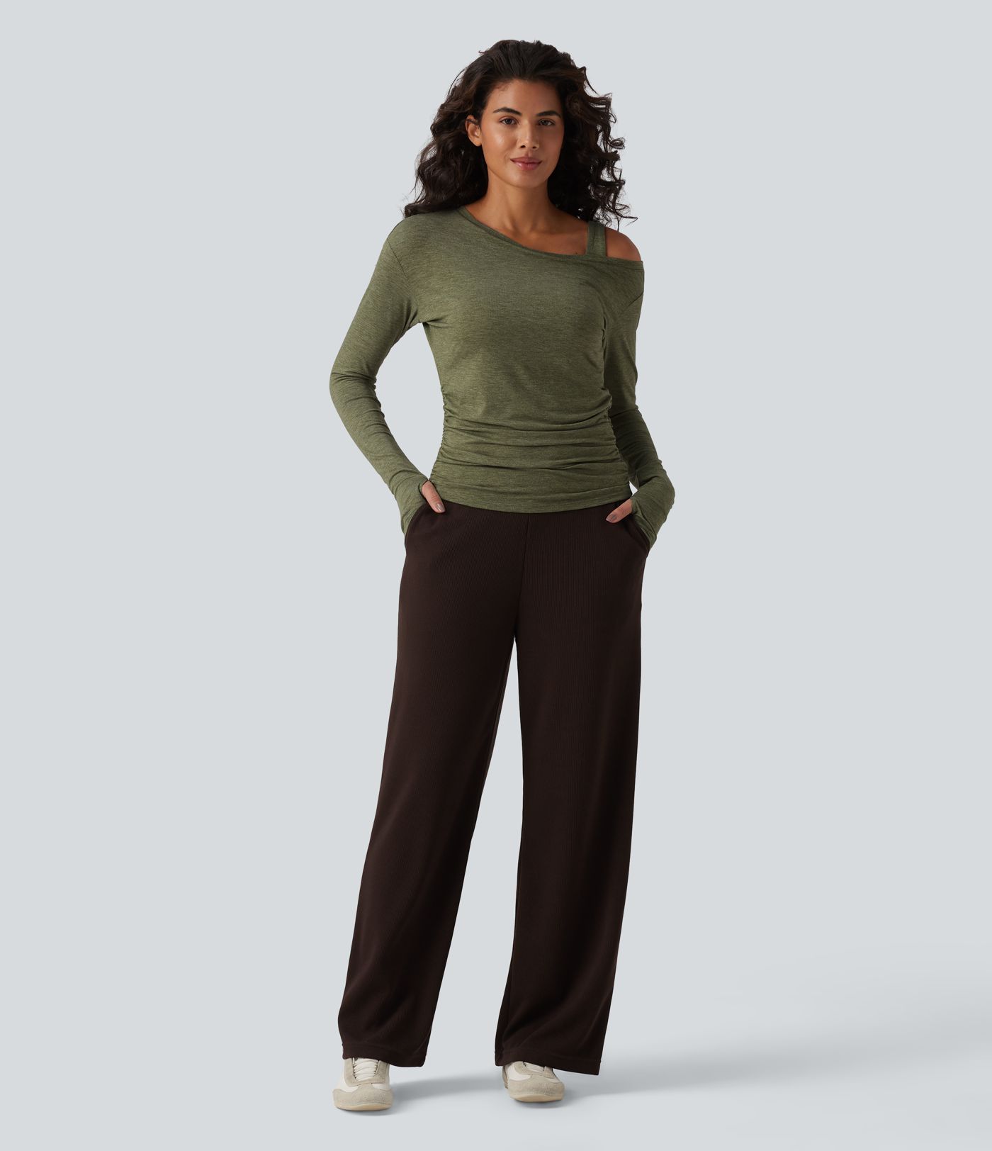 One-Shoulder Long Sleeve Ruched Built-in Bra Casual Heathered Top