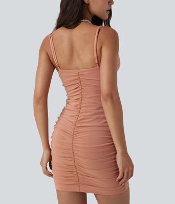 V Neck Bodycon Ruched Mini Slip Dress