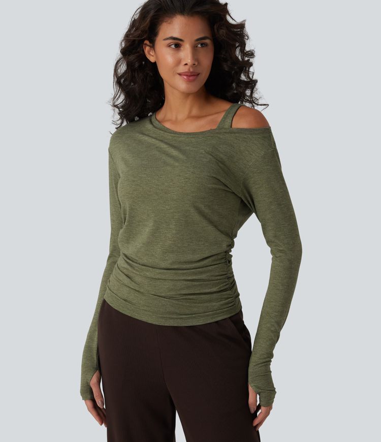 One-Shoulder Long Sleeve Ruched Built-in Bra Casual Heathered Top