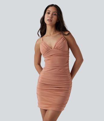 V Neck Bodycon Ruched Mini Slip Dress