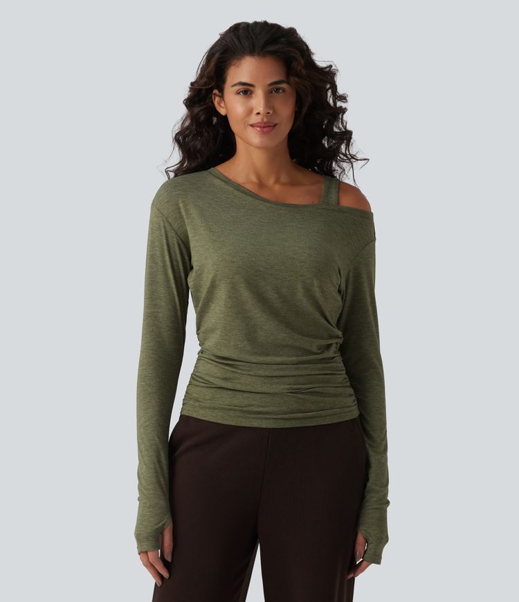 One-Shoulder Long Sleeve Ruched Built-in Bra Casual Heathered Top