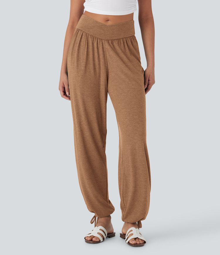 Crossover High Waisted Pocket Drawstring Casual Joggers