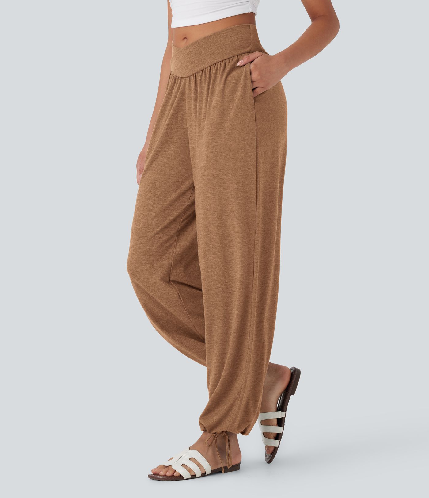 Crossover High Waisted Pocket Drawstring Casual Joggers