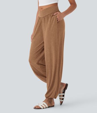 Crossover High Waisted Pocket Drawstring Casual Joggers