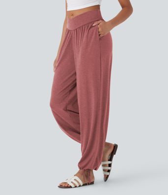 Crossover High Waisted Pocket Drawstring Casual Joggers